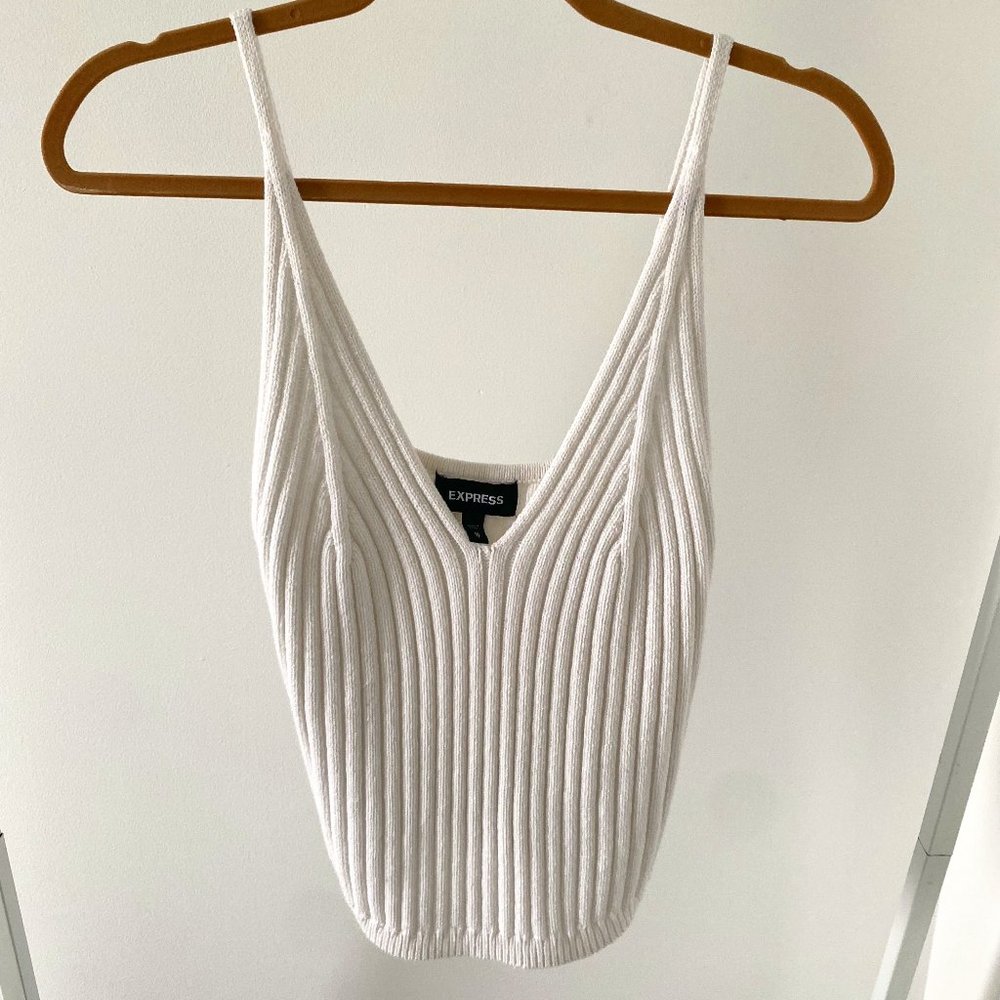 Express White Knit Deep V Neck Top